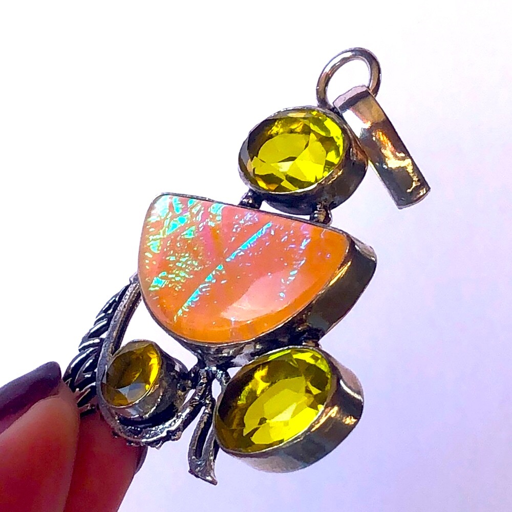 Sterling Silver 925 Citrine And Art Glass Pendant